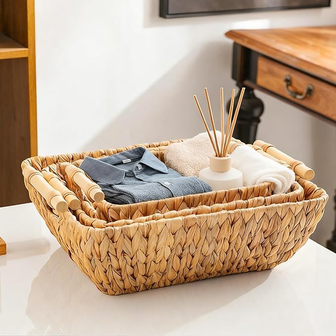 Mowtanco Woven Storage Baskets – Set of 3 Handwoven Water Hyacinth Wicker Baskets with Wooden Handles for Organizing, Decorative Baskets for Laundry Room, Home Decor - Large, Medium & Small