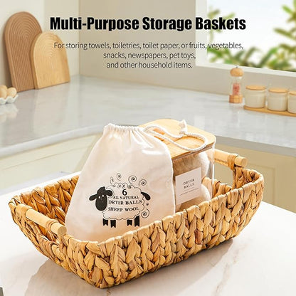 Mowtanco Woven Storage Baskets – Set of 2 Handwoven Water Hyacinth Wicker Baskets with Wooden Handles for Organizing, Decorative Baskets for Laundry Room, Home Decor - Large & Medium