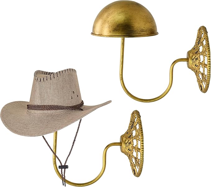 Owlgift Vintage Wall Mount Hat & Coat Rack – Set of 2 – Rustic Gold Decorative Iron Holder for Hats, Scarves, Helmets & Wigs – Retro Entryway Wall Organizer for Home, Store, Restaurant or Hotel Use