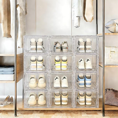 BVBOX Acrylic Shoe Storage Boxes with Magnetic Door - 360° Clear Stackable Shoe Display Box Set, Plastic Shoe Cabinet Rack Box for Sneakers Heels Shoes (1, Clear, L - Front Open)