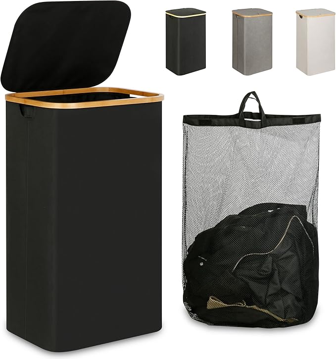 iEGrow Laundry Hamper with Lid, 110L Large Laundry Hamper with Handle and Lid, Collapsible Clothes Basket Organizer with Removable Inner Bag for Clothes Toys Towels - Black