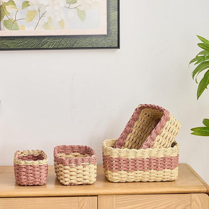 4PCS Woven Storage Baskets Set, Small Baskets for Organizing, Square Handwoven Paper Rope Organizer Bins for Shelves and Home Storage (Natural & Pink)