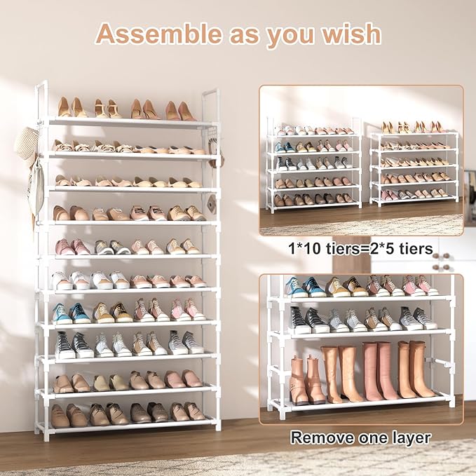 VTRIN 10 Tiers Shoe Rack Tall Large Capacity Wide Shoe Organizer Sturdy Shoe Shelf for Entryway with Two Hooks Metal Shoe Storage for Closet, Bedroom, White
