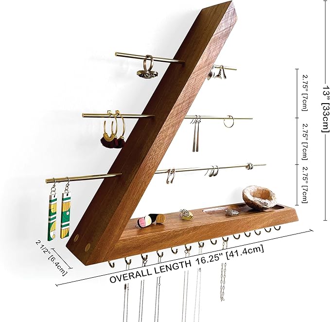 Jewelry Organizer Wall Mounted, Hardwood Hanging Jewelry Holder, Open Triangle Jewelry Display Shelf for Necklaces, Earrings, Rings and Bracelets, Gift for her, Patented (Acacia)