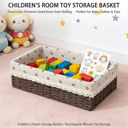 Woven Paper Rope Storage Basket Set with Handles & Liners,Set of 3- Cube Organizers Basket for Drawers, Shelves & Closets, Decorative Home Storage