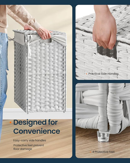 SONGMICS HOME Laundry Hamper with Lid, Clothes Basket with Removable Liner and Handles, 23.8 Gallon, Foldable Narrow Laundry Organizer for Bathroom, Bedroom, White