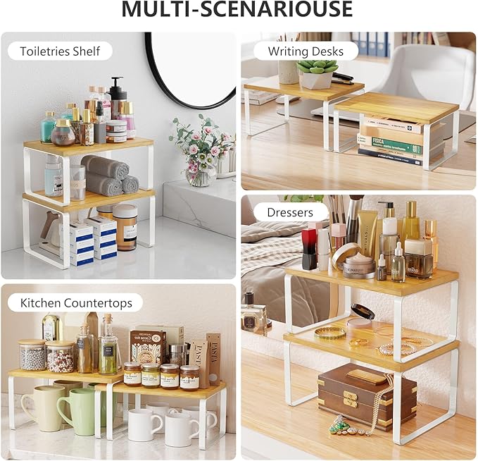 Simple Trending Bamboo Cabinet Organizer Shelf, Set of 4 Kitchen Counter Shelves, Stackable Expandable Spice Rack Pantry Cupboard Organizer, White and Natural