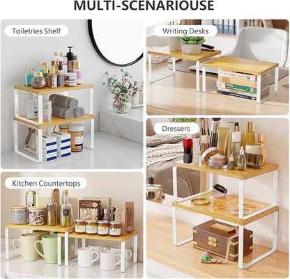 Simple Trending Bamboo Cabinet Organizer Shelf, Set of 4 Kitchen Counter Shelves, Stackable Expandable Spice Rack Pantry Cupboard Organizer, White and Natural