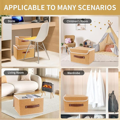 Small Storage Bin with Lid Storage Boxes,Collapsible Linen Storage Basket Container with Lid Storage Cube for Organizing Closets,3 Pack(Light brown)