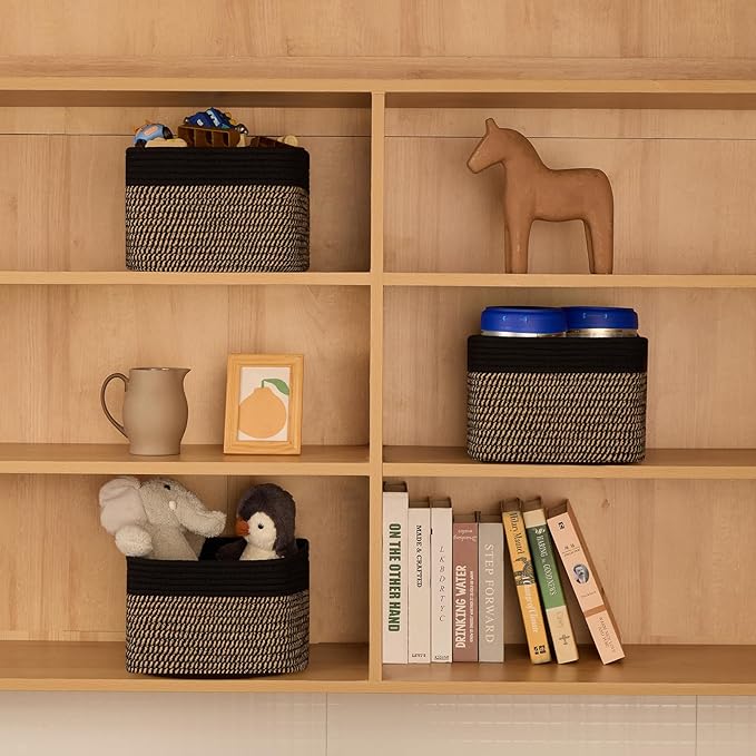 MiniArk Small Organizing Baskets for Cubes Shelf, 9.7x9.7x7.1 Inch Rope Woven Storage Bins for Nursery Shelves Storage, Cute Toy Basket, Square 3 Packs Black Brown