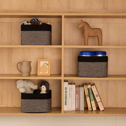 MiniArk Small Organizing Baskets for Cubes Shelf, 9.7x9.7x7.1 Inch Rope Woven Storage Bins for Nursery Shelves Storage, Cute Toy Basket, Square 3 Packs Black Brown
