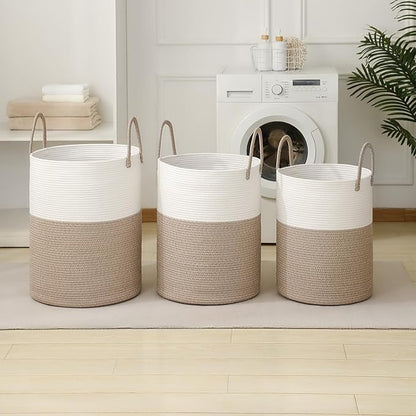 Laundry Basket Hamper Tall Rope Storage Woven for Blanket toys Dirty Clothes in Living Room Bathroom Bedroom (White&Brown, 80L/21.3Gal)