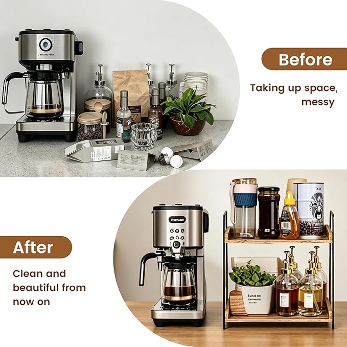 QUALLON Coffee Bar Accessories and Organizer, Coffee Station Organizer 2 Tier Bathroom Counter Organizer, Wood Coffee Tray, Bathroom Vanity Organizer, Countertop Shelf for Kitchen, Coffee Lover