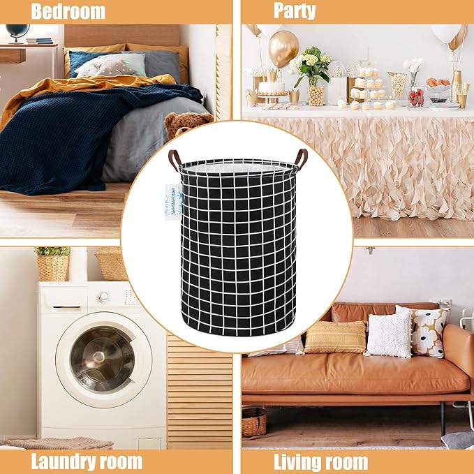 Laundry Basket Canvas Fabric Collapsible Organizer Basket for Storage Bin Toy Bins Gift Baskets Bedroom Clothes Children Nursery Hamper (Black Grid)