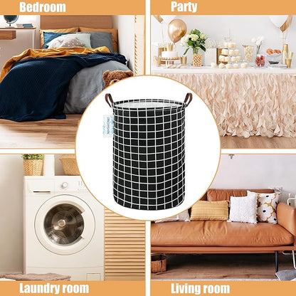 Laundry Basket Canvas Fabric Collapsible Organizer Basket for Storage Bin Toy Bins Gift Baskets Bedroom Clothes Children Nursery Hamper (Black Grid)