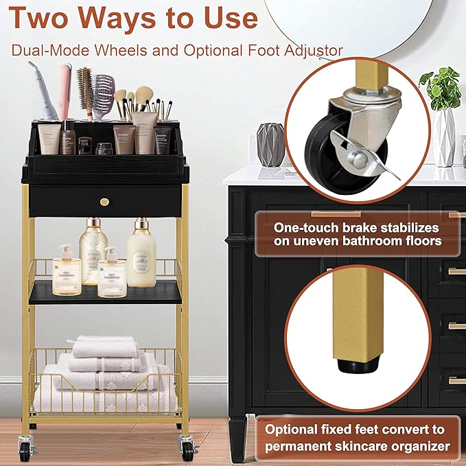 Large Makeup Organizer Cart with Hair Tool Holder, Rolling Makeup Cart with Drawer, 2-in-1 Vanity Organizer Cosmetic Display Cases for Skin Care Perfume Nail Polish Brush Tools, Gold & Black