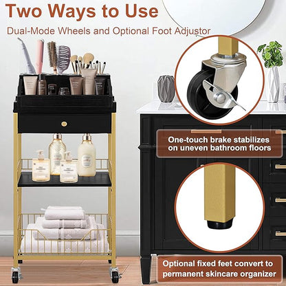 Large Makeup Organizer Cart with Hair Tool Holder, Rolling Makeup Cart with Drawer, 2-in-1 Vanity Organizer Cosmetic Display Cases for Skin Care Perfume Nail Polish Brush Tools, Gold & Black