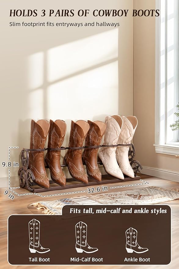 Western Horseshoe Boot Rack, 3 Pairs Freestanding Metal Boot Stand, Adjustable Cowboy Boot Organizer with Texas Star Ends for Entryway Bedroom Living Room Decor, Gift for Cowboy Boot Lovers, Bronze