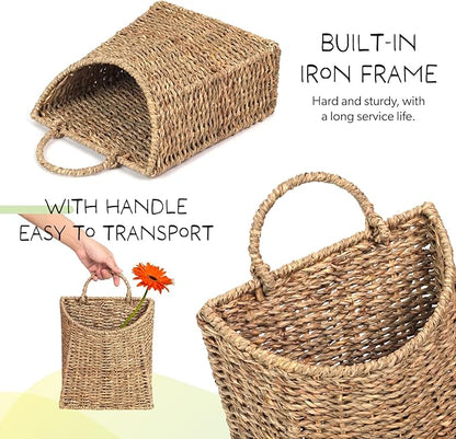 Woven Hanging Seagrass Baskets, Hanging Wall Wicker Basket, Handmade Organizer Baskets, Hanging Flower Basket for Shelves, Walls, Doors, Balconies, Front of House, Garden,...
