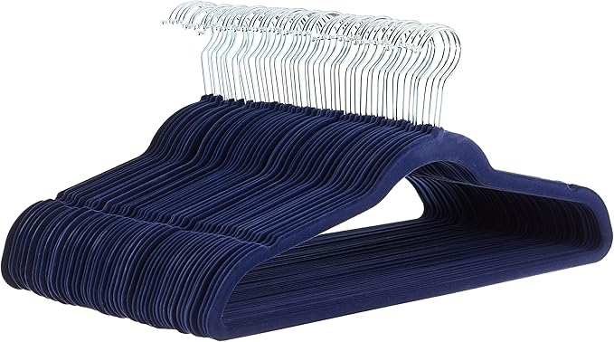 Amazon Basics Slim Velvet Non-Slip Space Saving Suit Clothes Hangers for Closet Organization, Navy Blue/Silver, 50-Pack