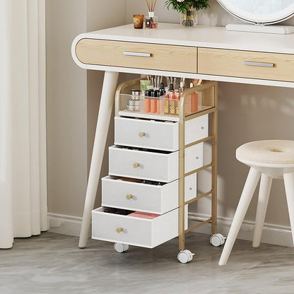 SWTYMIKI Rolling Makeup Organizer Cart - Under Desk Vanity Makeup Storage with 4 Non-woven Drawers, Nail Cart Organizer Cosmetic Display Cases Cabinet for Skin Care Perfume Nail Polish Brush Hair Tool
