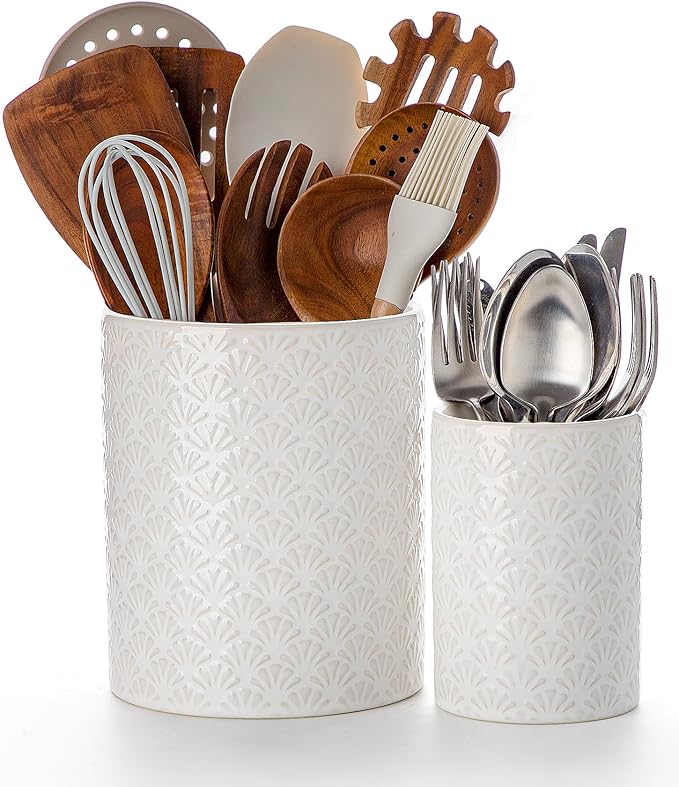 Nucookery Utensil Holder, Extra Large Ceramic Utensil Crock for Kitchen Counter, Stable Spatula & Flatware Organizer, Farmhouse Embossed Kitchen Decor, Set of 2 (Petal Pattern)