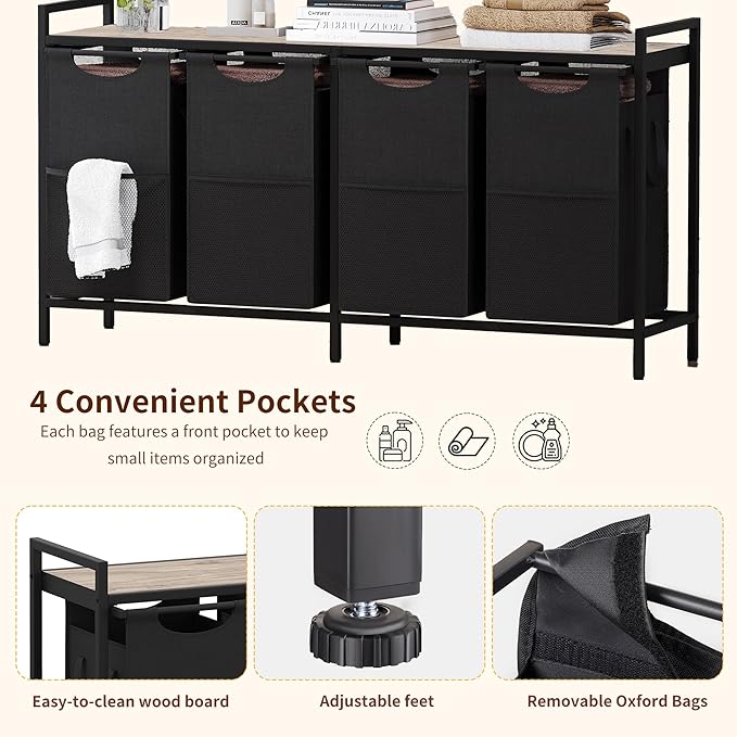 Heybly Laundry Hampers, 4 × 15Gal (228 L) Laundry Basket with Large Desktop Sorter for Laundry Room organization, Bathroom and Dorm Laundry Bags on Storage Shelf, Greige HLH004SG