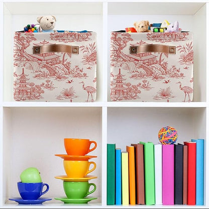 Chinoiserie Style Storage Baskets,Decorative Collapsible Rectangular Canvas Fabric Storage Bin for Home
