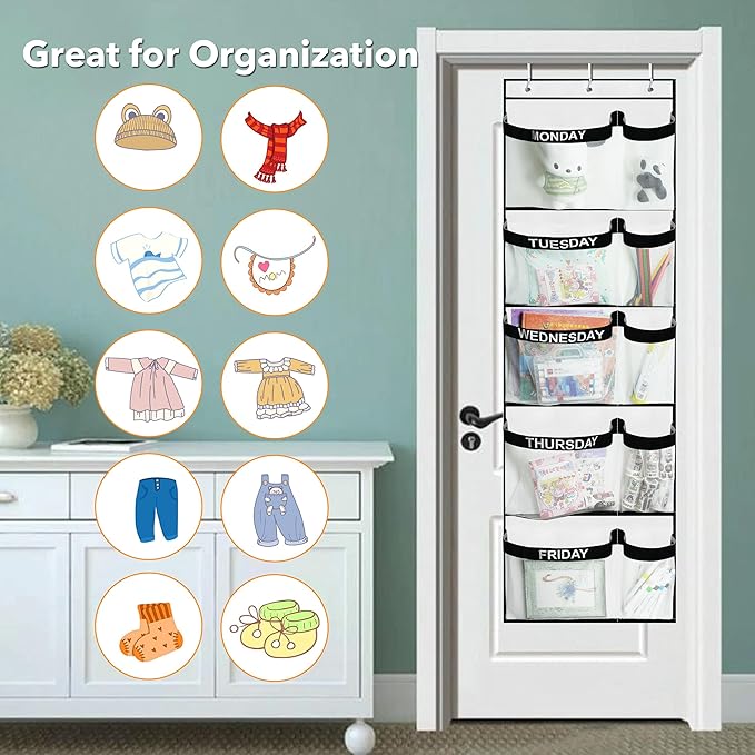 Weekly Kids Clothes Organizer Day of Week School, Over the Door Clothing Storage Organizer from Monday to Friday, Hanging Closet Organizer wtih 3 Metal hooks or Nursery, Bedroom