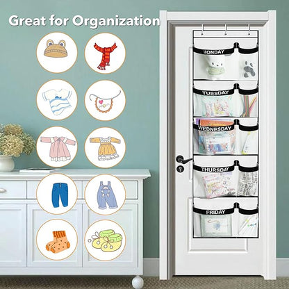 Weekly Kids Clothes Organizer Day of Week School, Over the Door Clothing Storage Organizer from Monday to Friday, Hanging Closet Organizer wtih 3 Metal hooks or Nursery, Bedroom