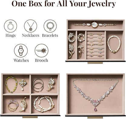 pickpiff Jewelry Box Organizer Case for Women: 3-Layer Jewelry Storage Case with Glass Window, Black Leather with Blush Velvet, Holder for Ring Necklace Bracelet Brooch Watch, Great Gift for Her