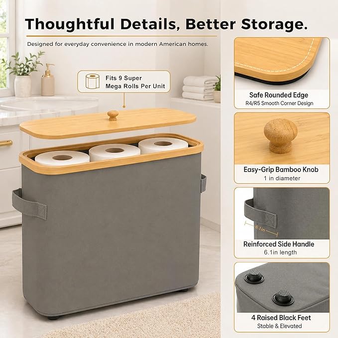 Premium Waterproof Toilet Paper Storage Box with Bamboo Lid - Fits 9 Mega Rolls, 900D Heavy-Duty Fabric Bathroom Organizer Bin with Elevated Base & Handles for Narrow Spaces (17.3"x 6.9"x 15.5")