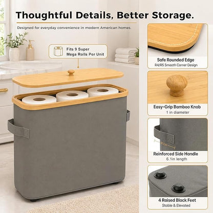 Premium Waterproof Toilet Paper Storage Box with Bamboo Lid - Fits 9 Mega Rolls, 900D Heavy-Duty Fabric Bathroom Organizer Bin with Elevated Base & Handles for Narrow Spaces (17.3"x 6.9"x 15.5")