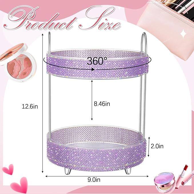 Honeydak 360 Rotating Perfume Organizer for Mother Day Nurse Day Rhinestone Bathroom Counter Organizer Makeup Holder Skincare and Perfume Storage for Cosmetic Countertop(2 Tiers,Pearl,Purple)