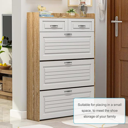 Vibe & Dine Shoe Cabinet with 3 Large Flip Drawers & 2 Storage Drawers, Narrow Shoe Organizer Cabinet Fits for Kinds of Shoes, Slim Shoe Storage Cabinet for Entryway, Hallway, Bedroom, Natural Wood