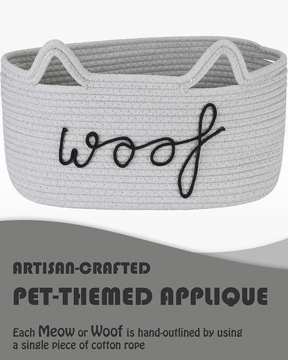 Sea Team Dog Toy Basket with Handles, 16.5 x 11 x 7 Inches, 4.4 Gallons Large Cotton Rope Storage Bin, Box, Shelf Organizer for Pet Chew Toys, Foods, Grey Woof