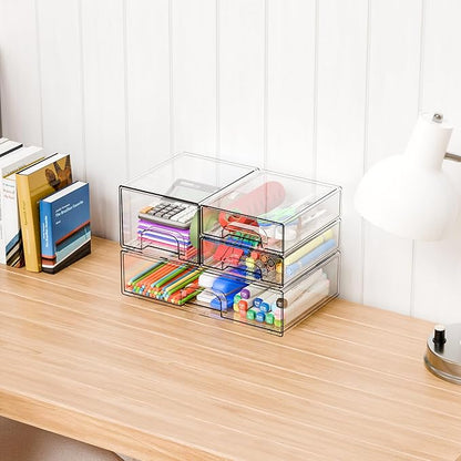 Yieach 4 Pack Clear Stackable Storage Drawers,Acrylic Drawer Organizer for Medicine,Palettes,Hair Accessories and Makeup Organizer,Plastic Drawers for Cabinet,Office,Desk,Bathroom Storage Containers
