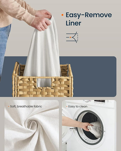 SONGMICS HOME Laundry Hamper with Lid, Clothes Basket with Removable Liner and Handles, 23.8 Gallon, Foldable Narrow Laundry Organizer for Bathroom, Bedroom, Light Brown