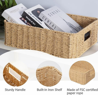 Drawer basket Handwoven Paper Rope Rectangular Shallow Basket Storage-15.35X12.01X4.72 Inches (Light brown)