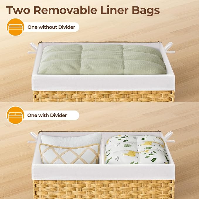 Greenstell Storage Basket with Lid, 160L Large Wicker Basket with Lid, Handwoven Blanket Storage Basket with Handles, Removable Cotton Liner, Metal Frame, Foldable for Bedroom, Laundry Room, Natural