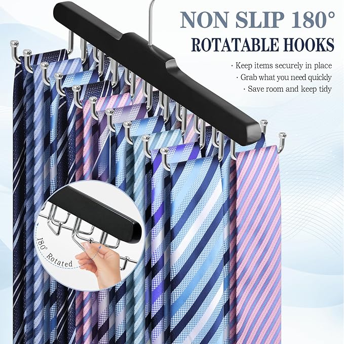 Tie Rack Hanger for Closet Fitnice Upgraded Non Slip Tie Holder Organizer Space Saving with 20 Foldable Hooks Wooden Belt Hanger for Tank Tops Bras Cami Scarves,Black