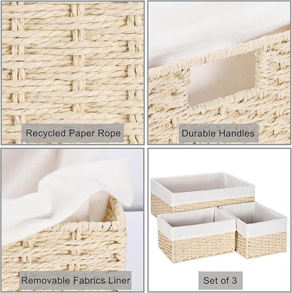 Vagusicc Wicker Basket, Set of 3 Hand-woven Storage Baskets for Organizing, Decorative Bathroom Wicker Storage Basket Bins with Handles, Small Toilet Paper Storage Baskets for Shelves & Decor, Beige