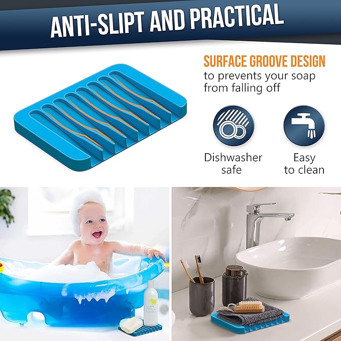 ZAPPOWARE Self Draining Soap Dish for Bar Soap - Pack of 2 Blue Silicone Waterfall Drain Soap Savers for Shower, Bath, Kitchen Countertop