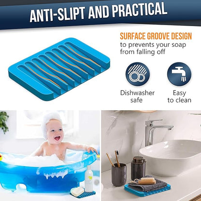 ZAPPOWARE Self Draining Soap Dish for Bar Soap - Pack of 2 Blue Silicone Waterfall Drain Soap Savers for Shower, Bath, Kitchen Countertop