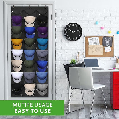 Dofilachy Hat Organizer Racks for Baseball Caps, Visible Hat Holder Rack for Wall Door with 3 Hooks, 24 Deep Pockets