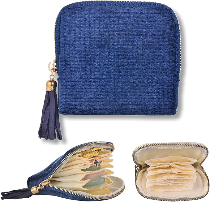 Vintage women's coin wallet jewelry storage bag, metal zipper multi-layer travel storage box, earrings, rings, necklaces, elegant storage bag, neutral Christmas and birthday gifts (Blue)