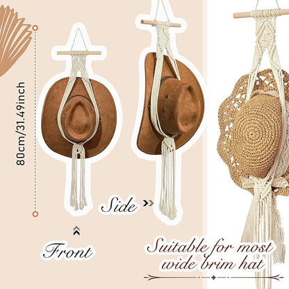 Yulejo Macrame Hat Hangers Boho Hat Rack Cowboy Hat Hanger Back of Door Hat Organizer (White,One Hat Style)