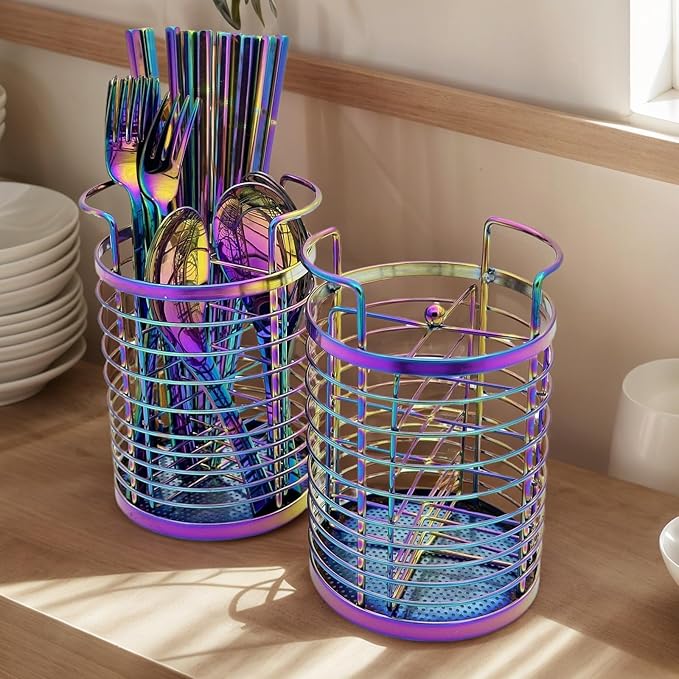 Rainbow Makeup Brush Holder Organizer, 4 Slot Make up Brushes Cup for Cosmetics, Nail Polish, Art Supply, Bathroom Vanity Desktop Organizer, Mesh Storage Caddy Baskets for Holding Knife Fork Spoon