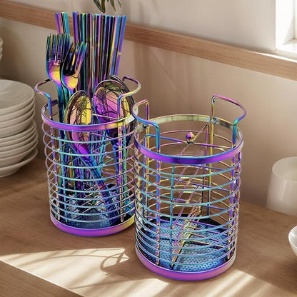 Rainbow Makeup Brush Holder Organizer, 4 Slot Make up Brushes Cup for Cosmetics, Nail Polish, Art Supply, Bathroom Vanity Desktop Organizer, Mesh Storage Caddy Baskets for Holding Knife Fork Spoon