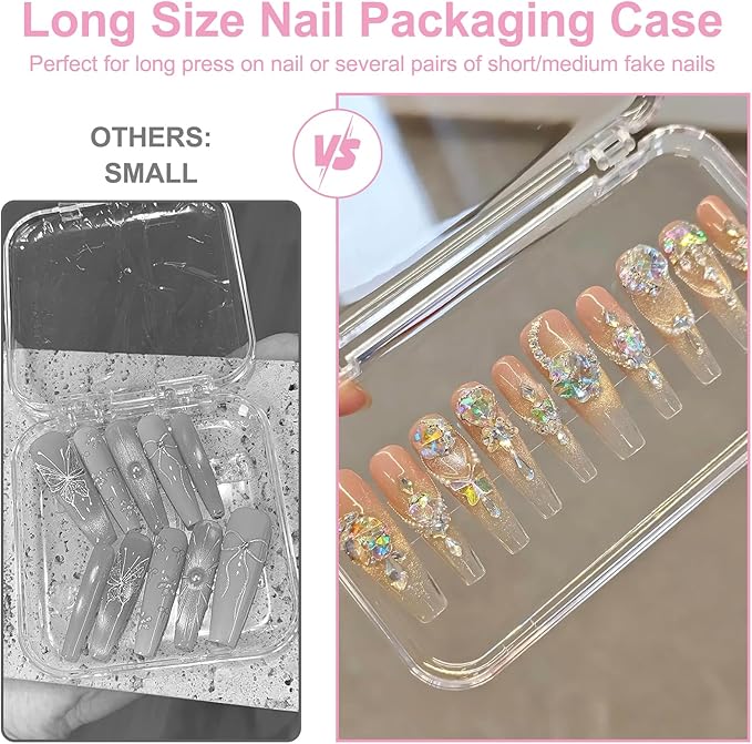 14Pcs Press On Nail Packaging Box Large,Press on Nail Storage Box for Press Ons Long, 5.1”×2.95” Fake Nail Storage Cases with 60 Pcs Adhesive Tape for Fake Nails Storage Display Nail Salon Business